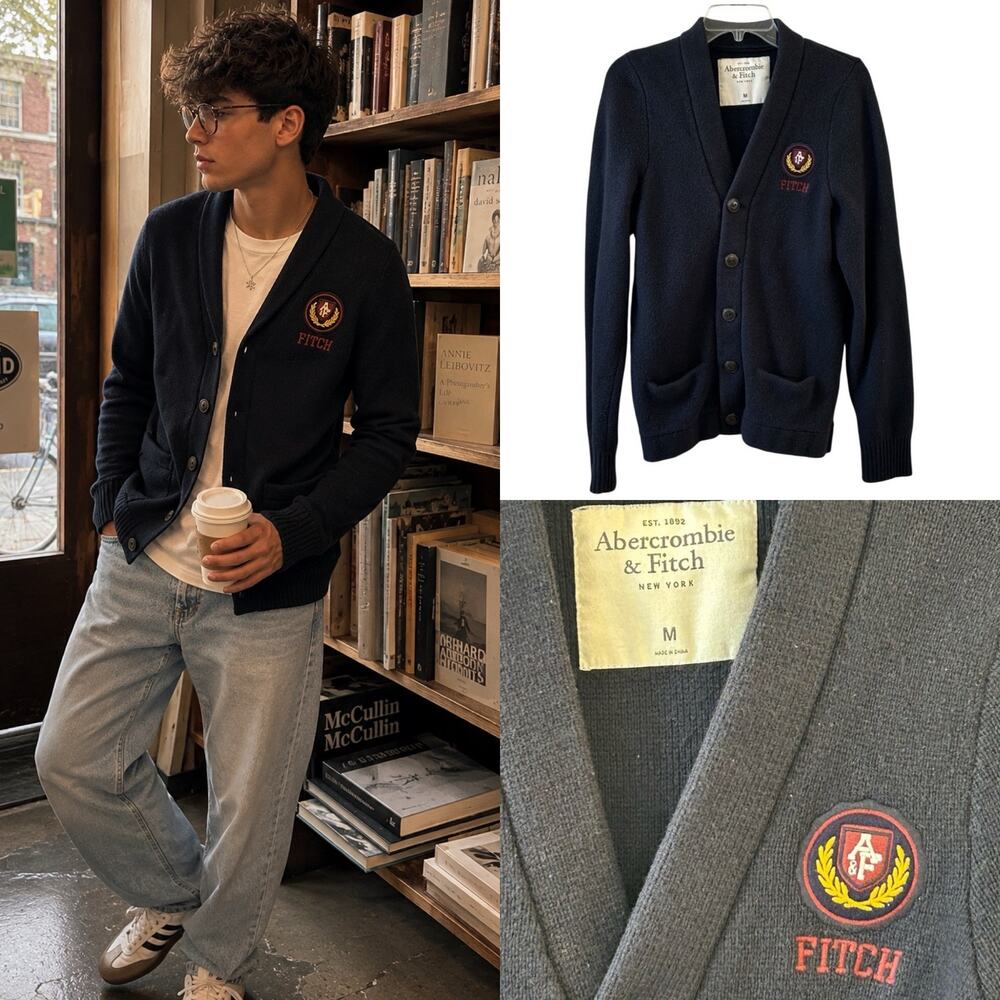 Abercrombie & Fitch Y2K Collegiate Crest Logo Shawl Collar Cardigan Sweater Navy